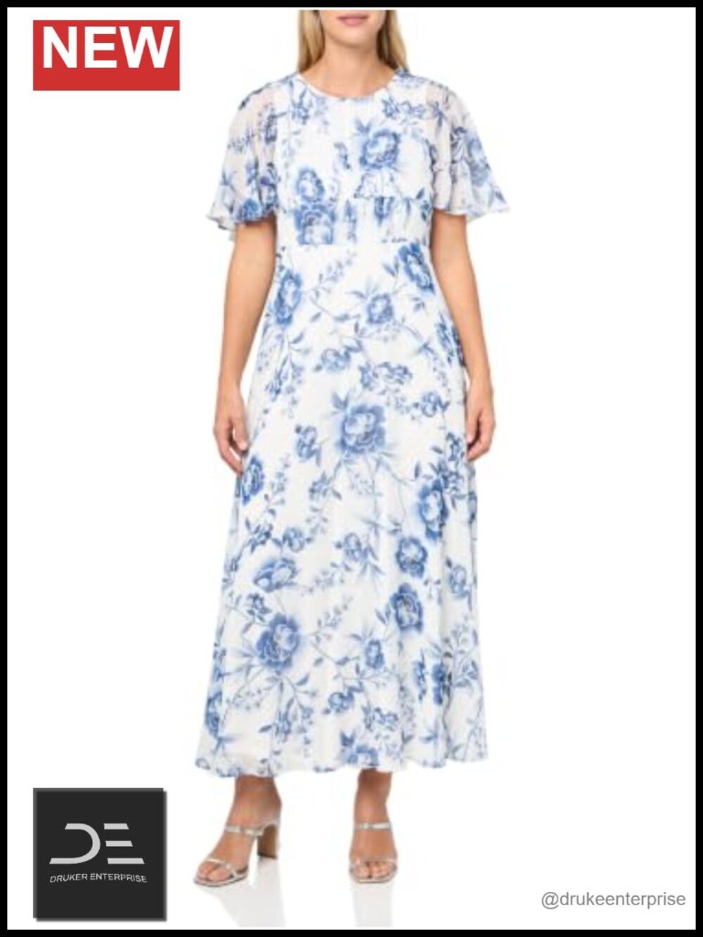 Chiffon Flutter Sleeve A-Line Midi Dress